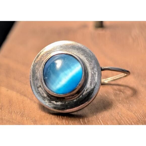 Vintage 925 Sterling Silver Mexico Cat's Eye Moonstone Wire Earrings - Picture 4 of 8